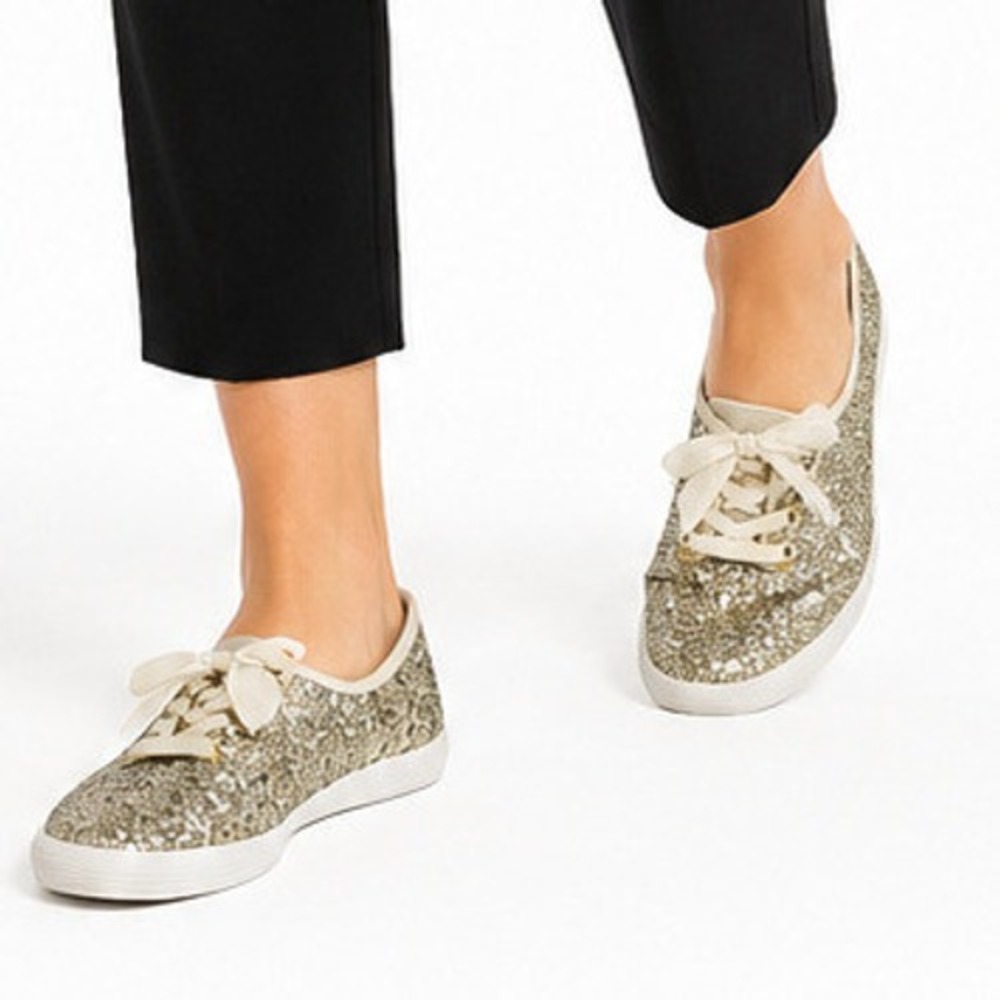Keds x Kate Spade Champion Glitter Women's 7 Gold Satin Lace Bridal Sneakers